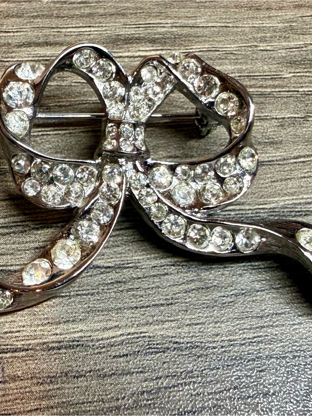 Crystal Bow Ribbon Brooch - Silver Tone with Clear Stones